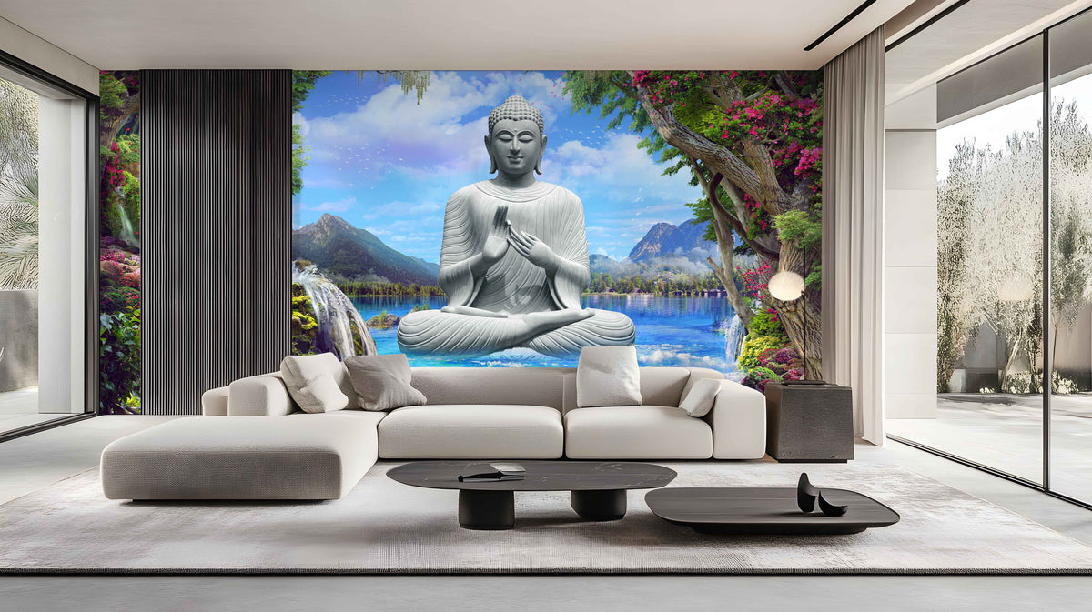 3D Buddha with Waterfall, Lake and Mountains Wallpaper Mural – Decor Empire