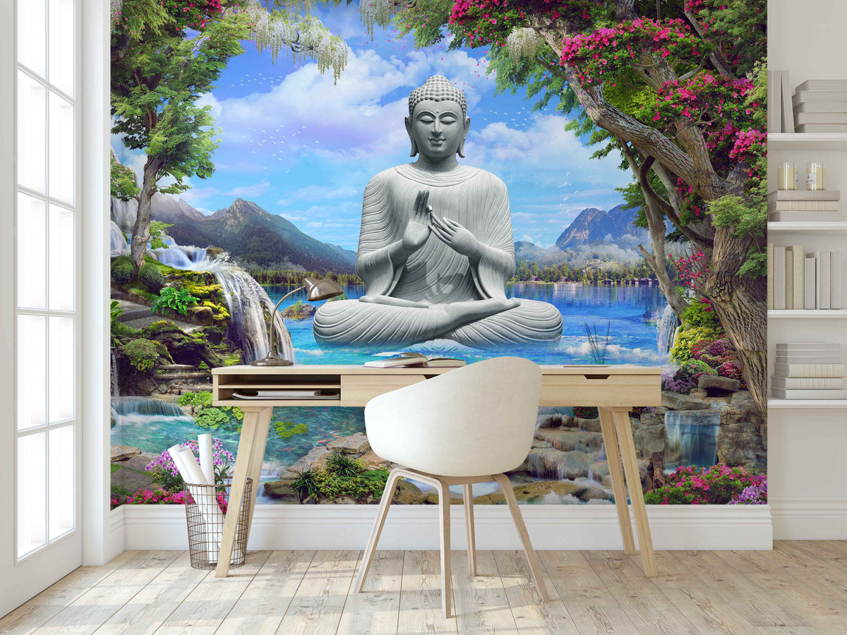 3D Buddha with Waterfall, Lake and Mountains Wallpaper Mural – Decor Empire