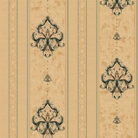 Royal Damask Stripes Wallpaper – Light Brown / Green - 11204