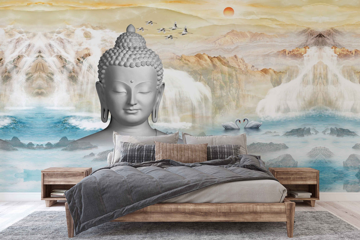 3D Buddha with Lake and Mountains Wallpaper Mural for Bedroom