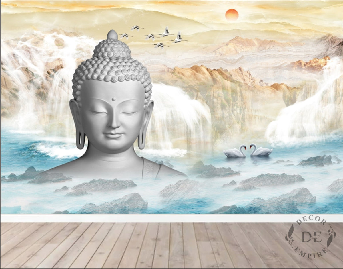 3D Buddha with Lake and Mountains Wallpaper Mural for Hallway