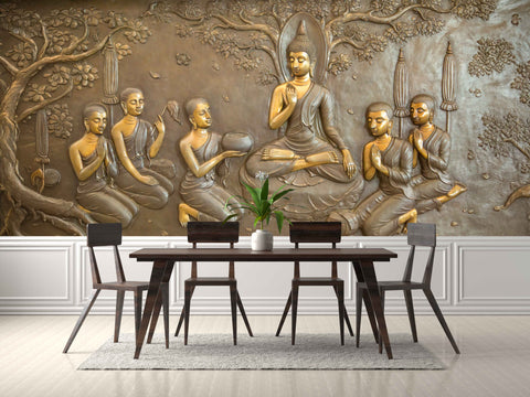 3D Buddha with his Disciples Wallpaper Mural for Dining Area