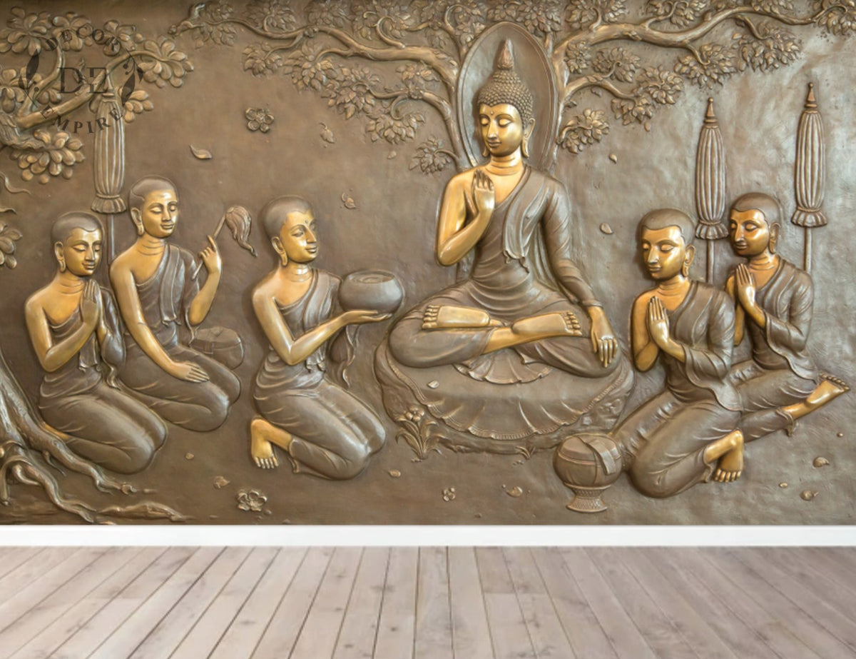 A wall mural featuring a 3D image of Buddha with five disciples in a meditative pose, sitting on the ground with their hands raised in a gesture of prayer.