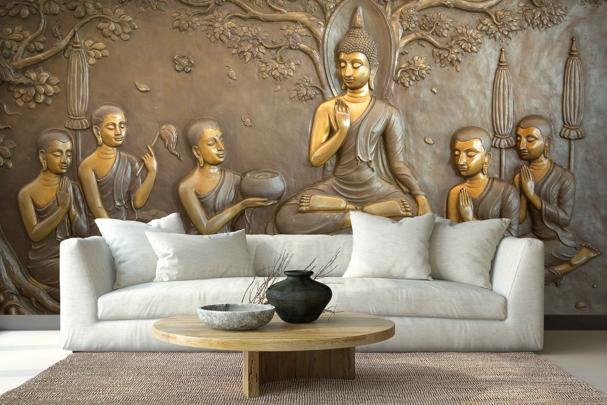 3D Buddha with his Disciples Wallpaper Mural for Living Area