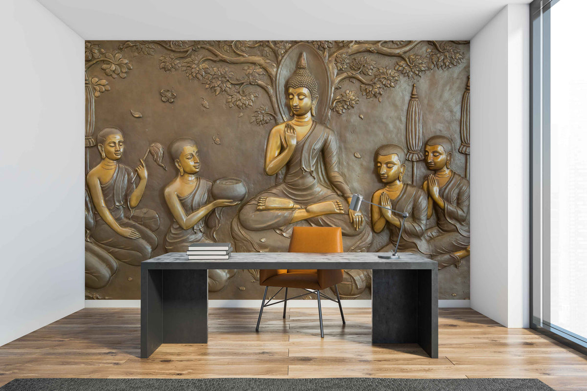 3D Buddha with his Disciples Wallpaper Mural for Study Area
