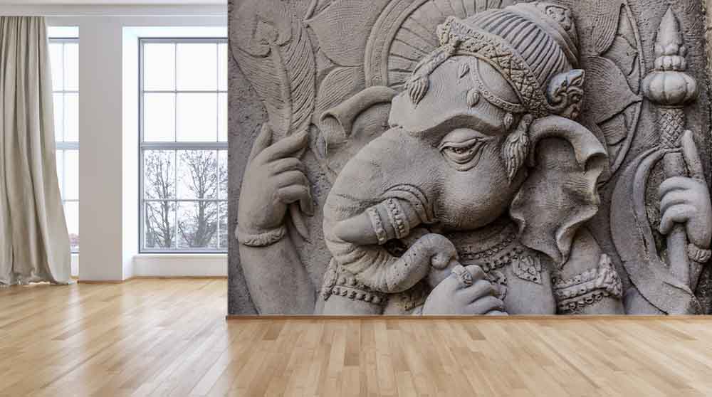 3D Ganesha Sculpture Wallpaper for Living Room