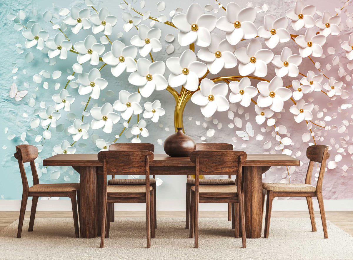 3D Tree with Butterflies Wallpaper Mural For Dining Area