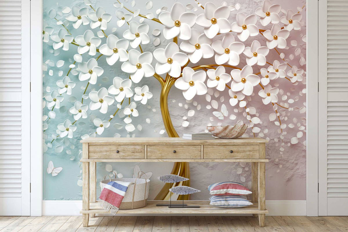 3D Tree with Butterflies Wallpaper Mural For Hallway