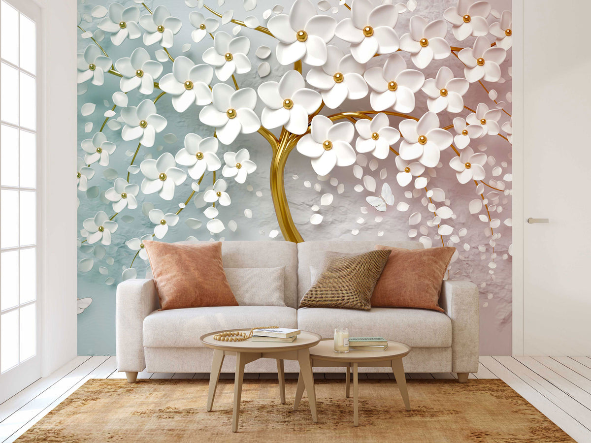 3D Tree with Butterflies Wallpaper Mural For Living Area
