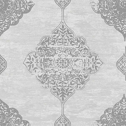 Silver White and Light Grey Damask Wallpaper - 11226