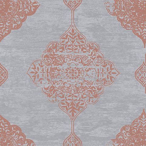 Copper and Light Grey Damask Wallpaper - 11205