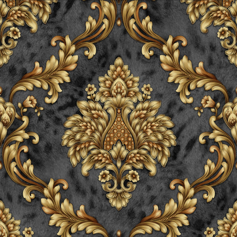 Velvet Effect Gray and Gold Damask Wallpaper - 11232