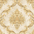 Velvet Effect Beige and Gold Damask Wallpaper - 11234