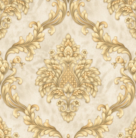 Velvet Effect Beige and Gold Damask Wallpaper - 11234