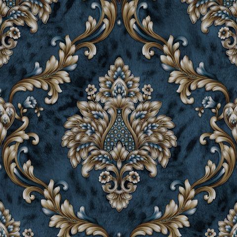 Velvet Effect Royal Blue and Gold Damask Wallpaper - 11228