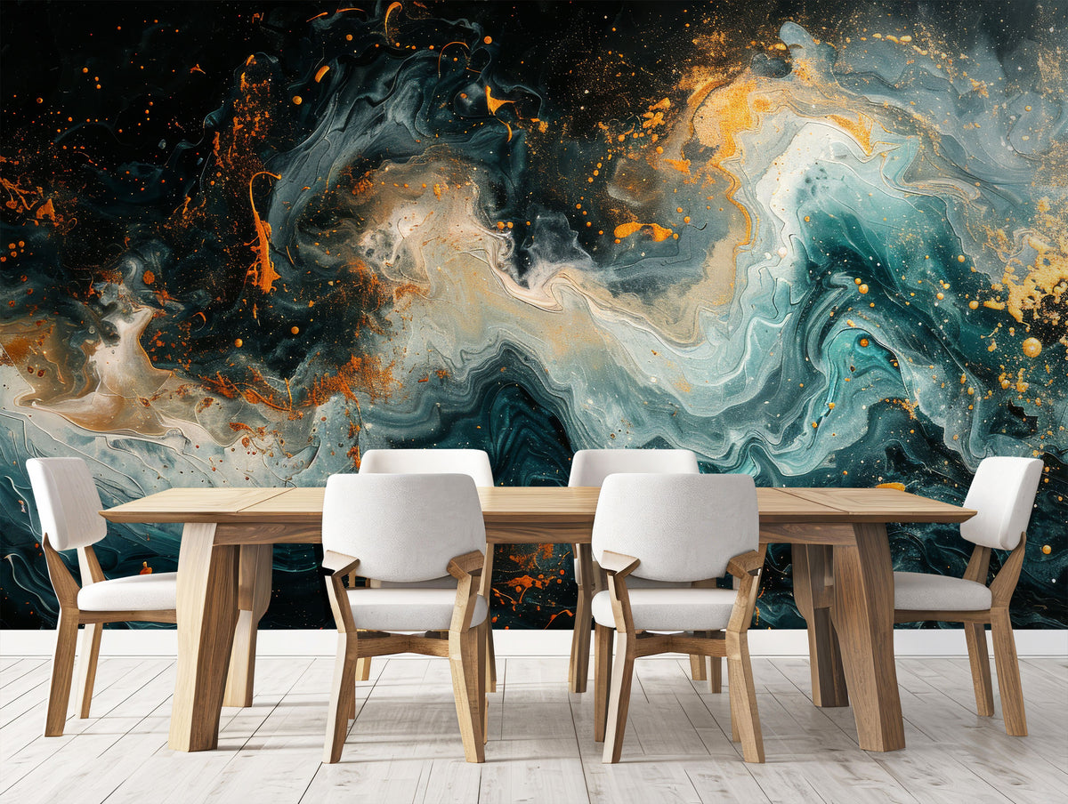 Abstract Wall Mural with Black, Gold and Earthy Tones for Dining Area