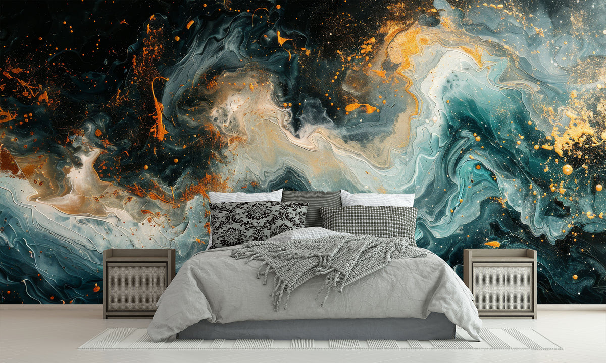 Abstract Wall Mural with Black, Gold and Earthy Tones for Bedroom