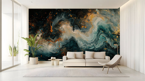 Abstract Wall Mural with Black, Gold and Earthy Tones for Living Room
