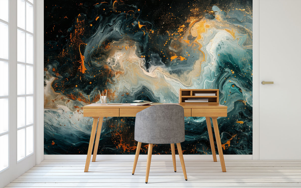 Abstract Wall Mural with Black, Gold and Earthy Tones for Study Area