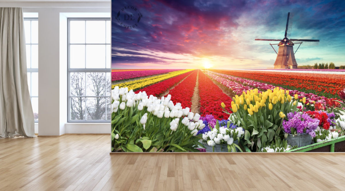 Colourful Tulips and Windmill Wallpaper Mural