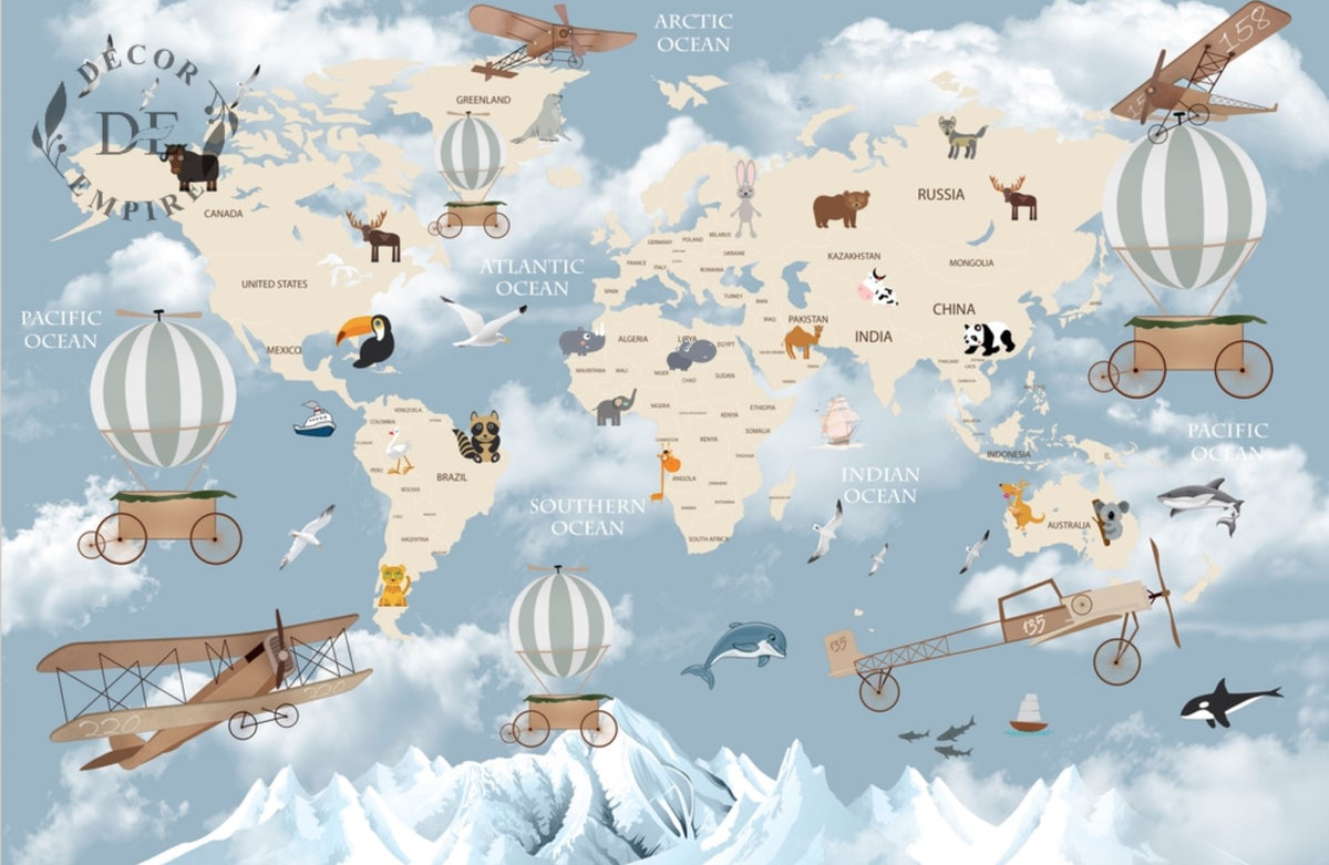 Animals World Map for Kids Room Wallpaper Mural