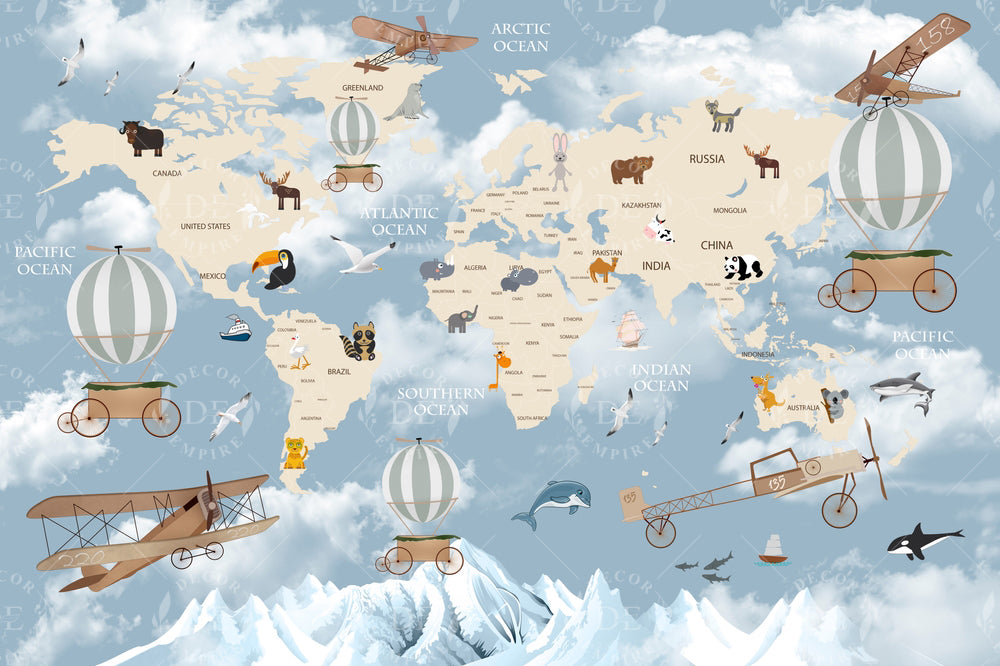 Animals World Map Wall Mural for Kids
