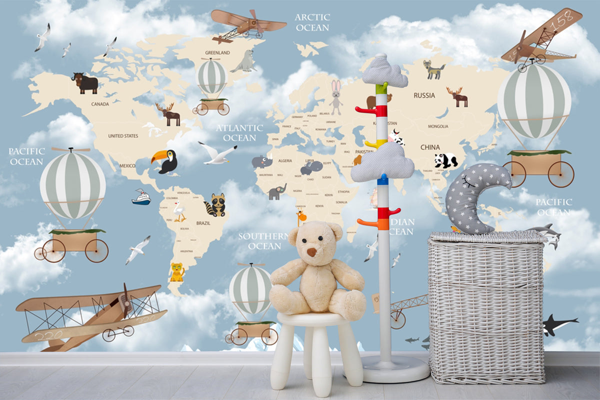 Animals World Map Wallpaper Mural for Kids Area