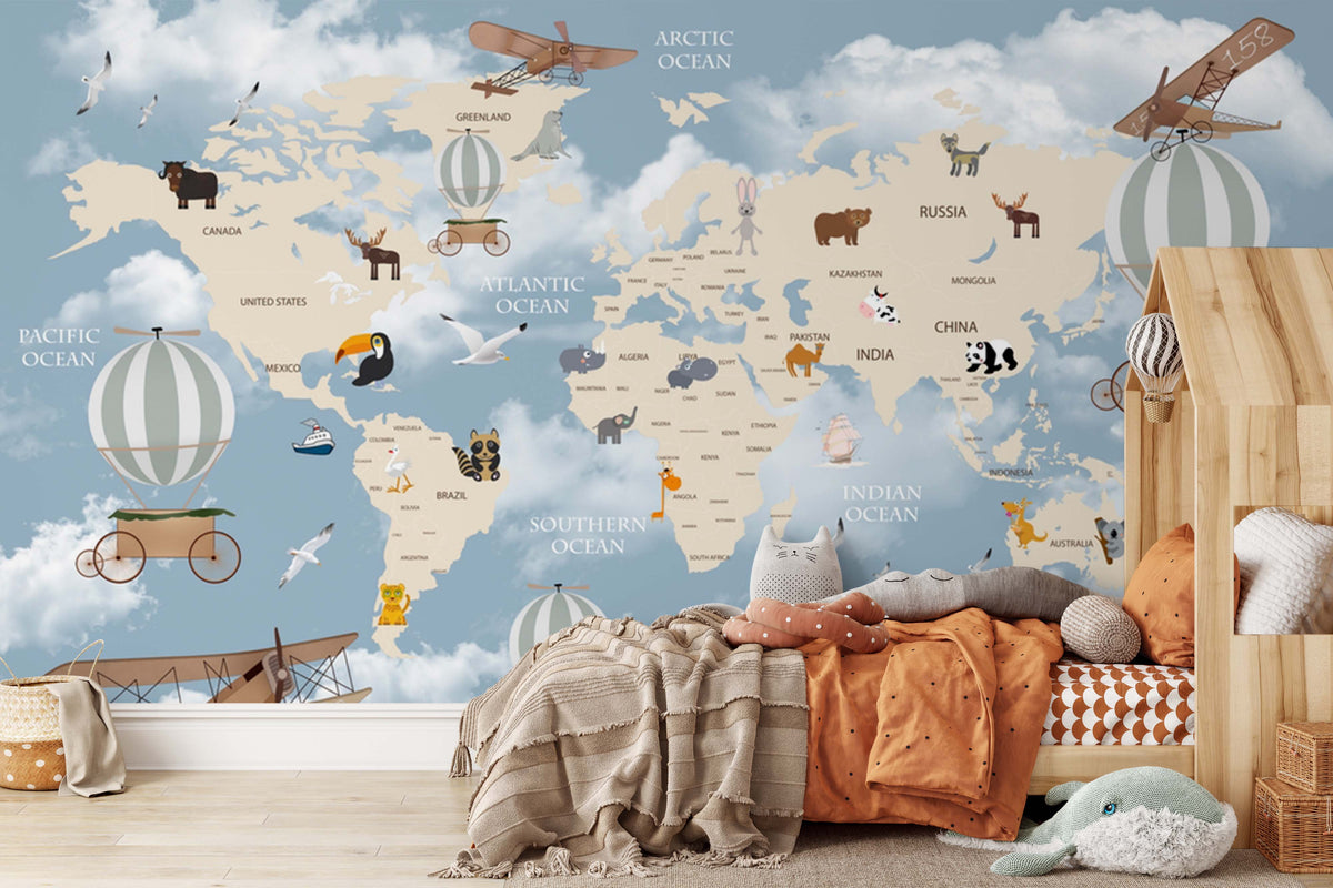 Animals World Map Wallpaper Mural for Kids Bedroom