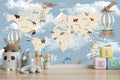 Animals World Map Wallpaper Mural for Kids Play Area