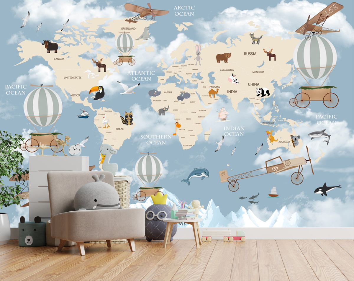 Animals World Map Wallpaper Mural for Nursery