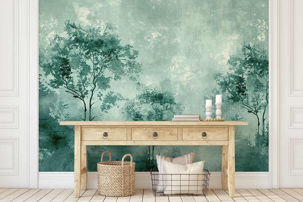 Artistic Green Trees Wallpaper Mural for Hallway