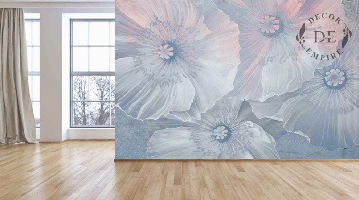 Elegant White-Blue Floral Wallpaper Mural