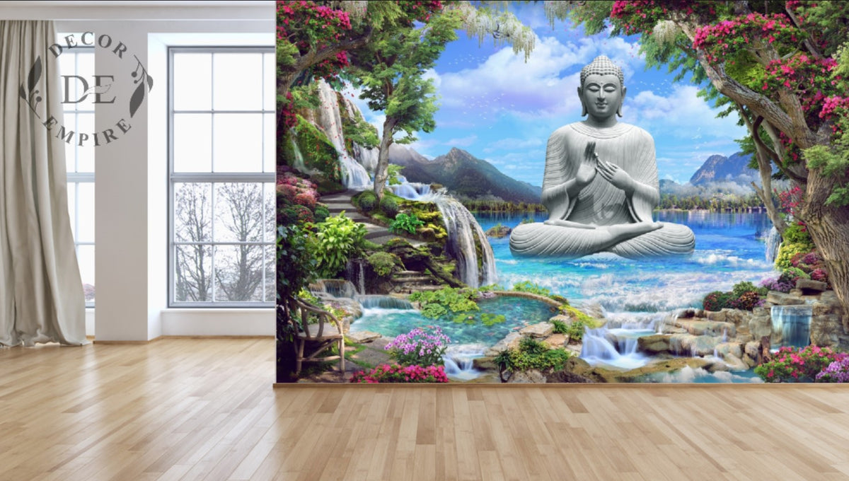 3D Buddha with Waterfall, Lake and Mountains Wallpaper Mural