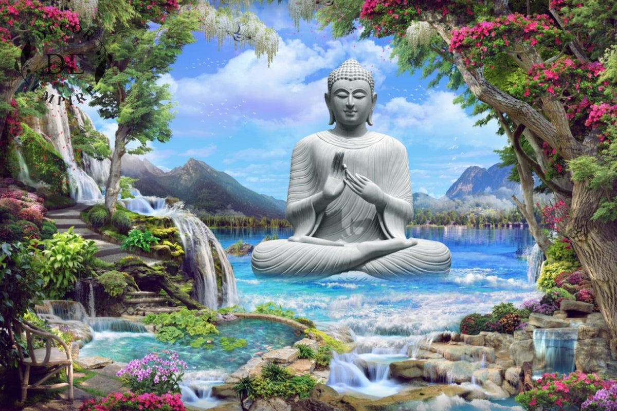 3D Buddha with Waterfall, Lake and Mountains Wallpaper Mural