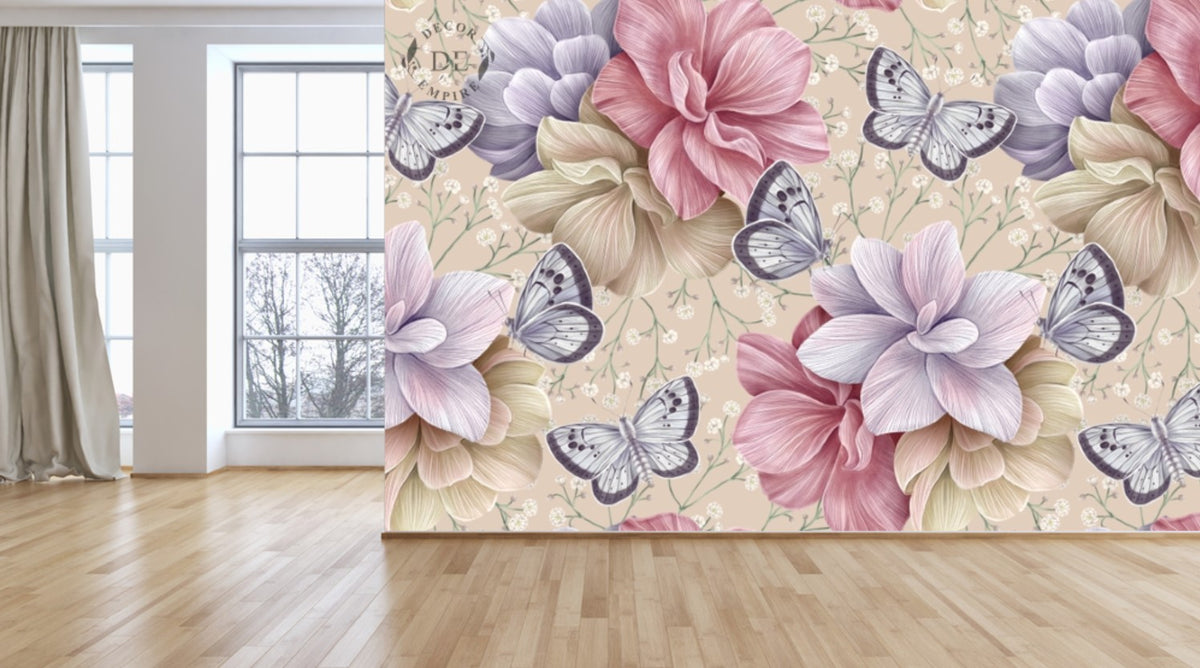 Butterflies and Hydrangea Floral Wallpaper Mural