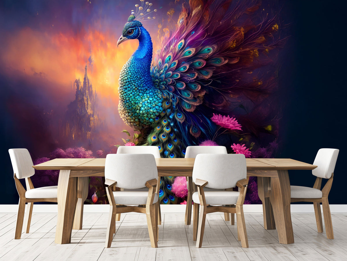 Colourful Peacock Wall Mural for Dining Area