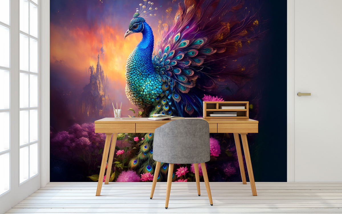 Colourful Peacock Wall Mural for Study Area