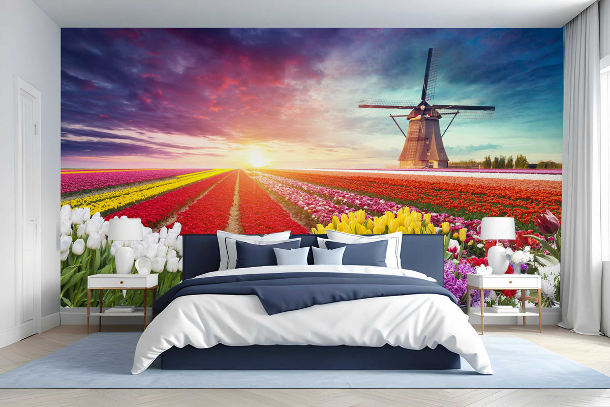Colourful Tulips and Windmill Wallpaper Mural for Bedroom