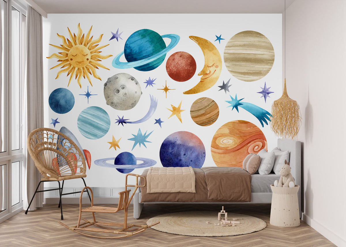Cosmic Friends - Sun Moon and Planets Wall Mural for Kids Bedroom