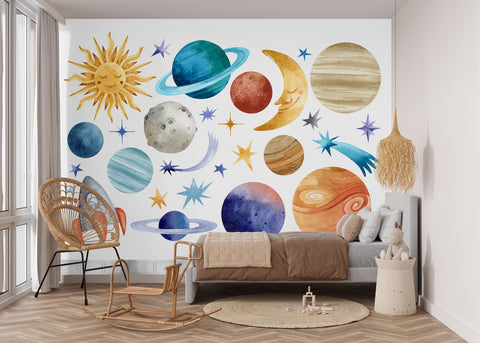 Cosmic Friends - Sun Moon and Planets Wall Mural for Kids Bedroom