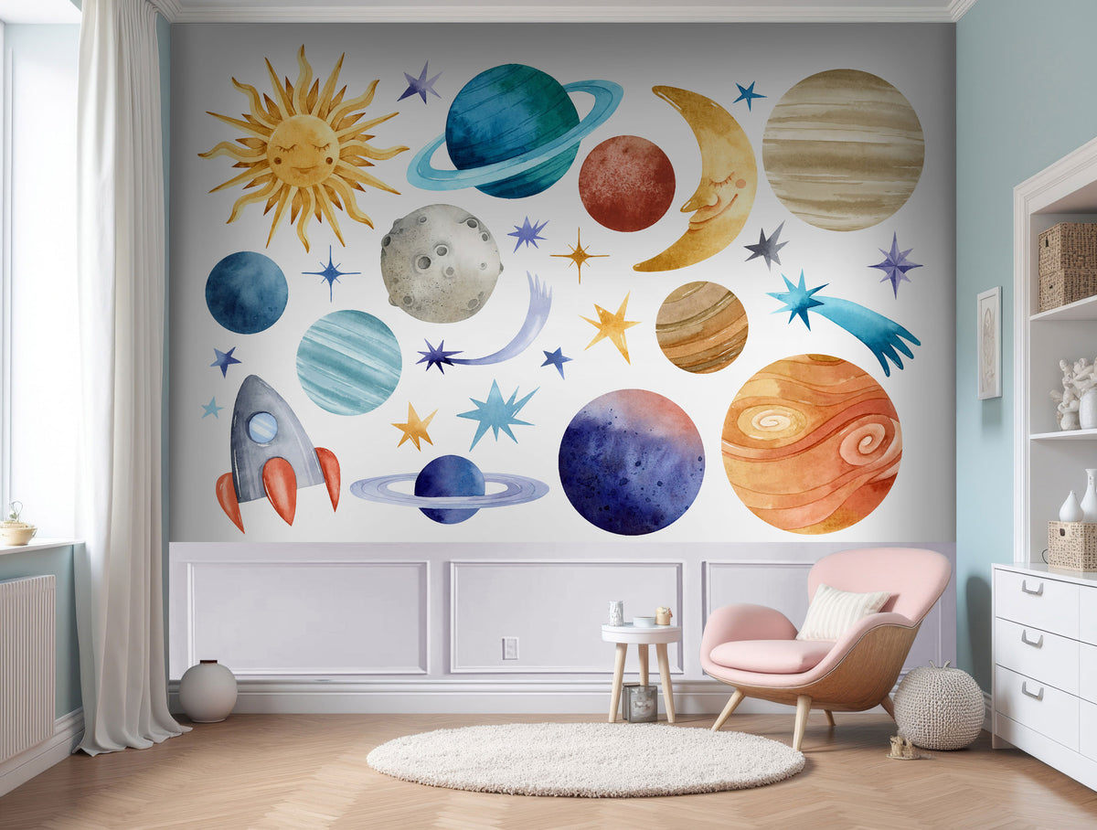 Cosmic Friends - Sun Moon and Planets Wall Mural for Play Area