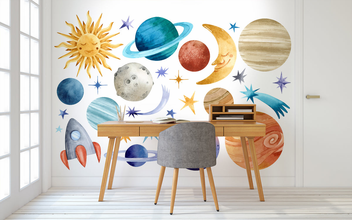 Cosmic Friends - Sun Moon and Planets Wall Mural for Study Area