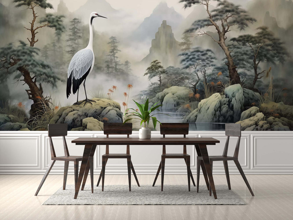 Crane and Beautiful Landscape Wall Mural for Dining Room