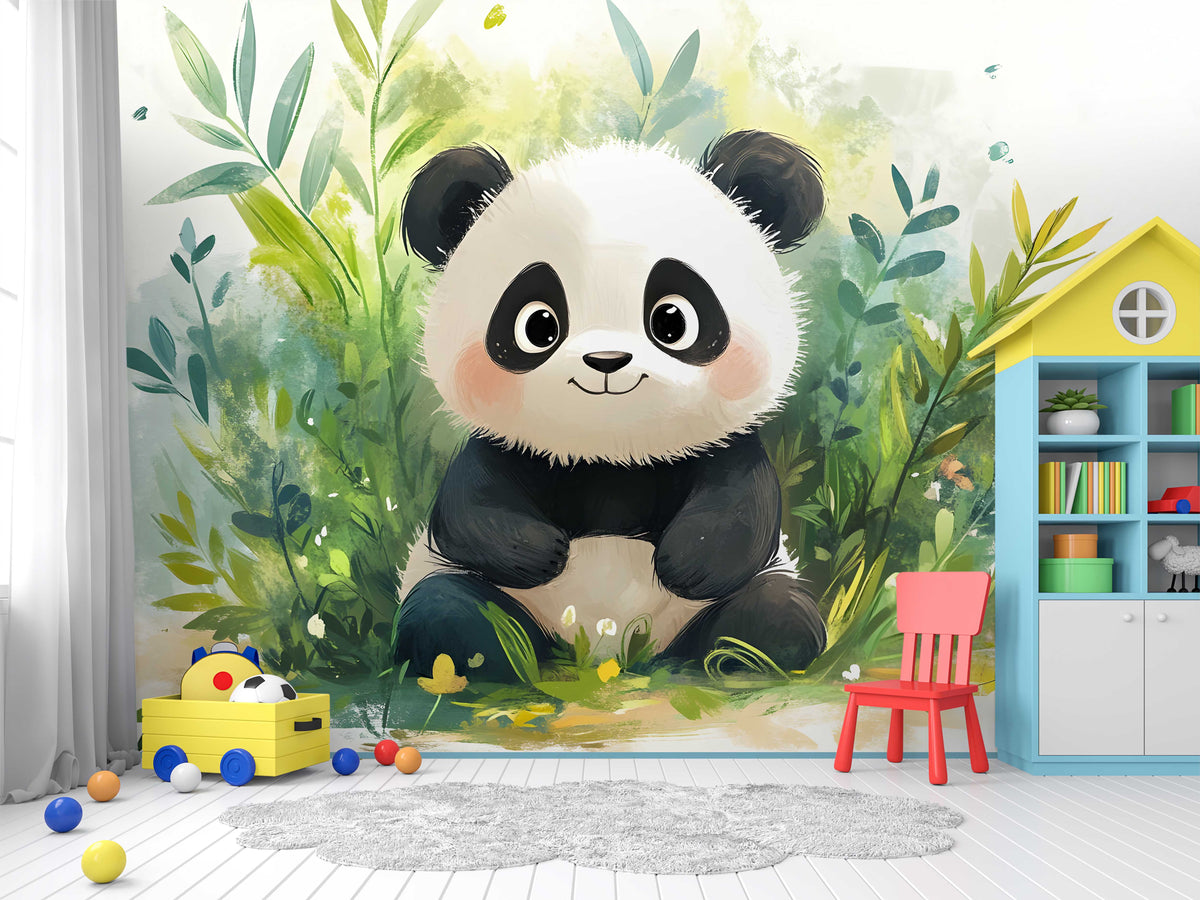 Cute Watercolor Panda in Jungle Wallpaper Mural for Kids Area