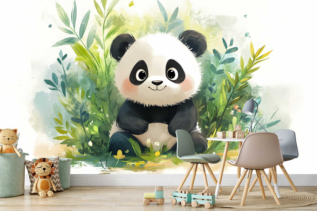 Cute Watercolor Panda in Jungle Wallpaper Mural for Kids Nursery