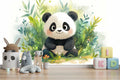 Cute Watercolor Panda in Jungle Wallpaper Mural for Kids Play Area