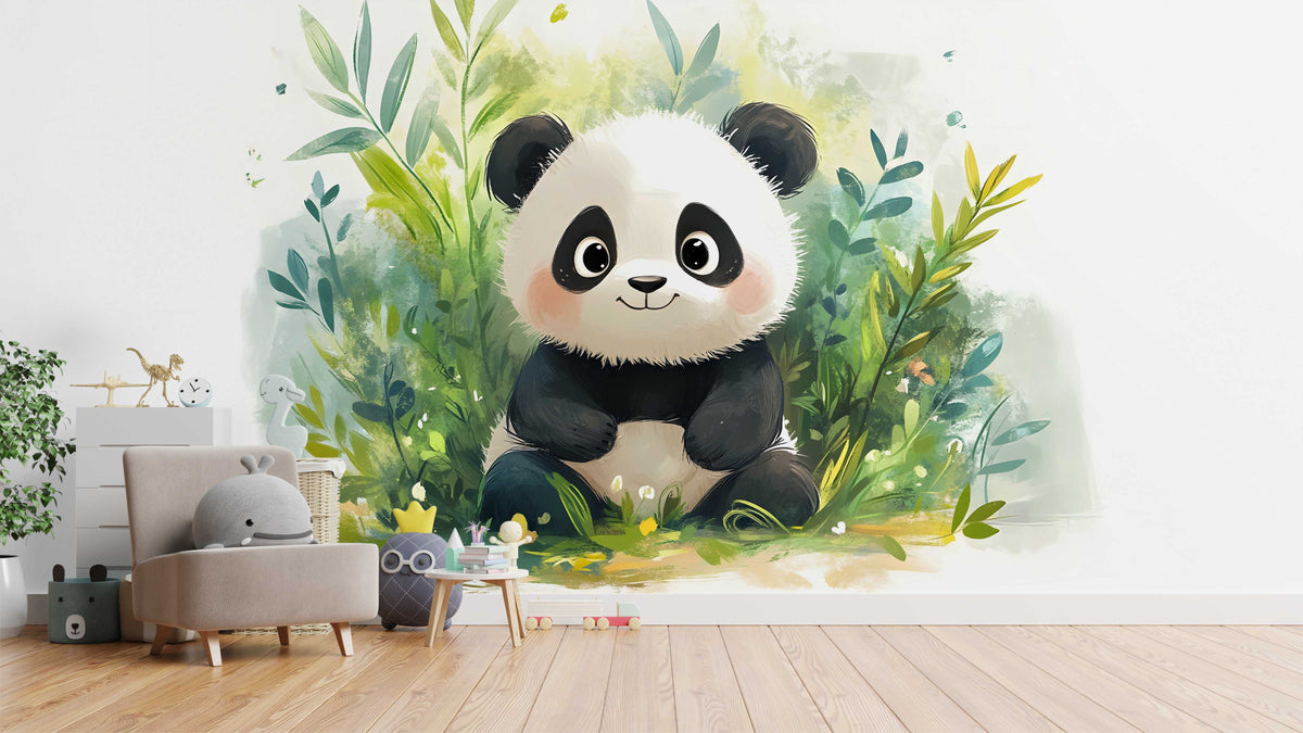 Cute Watercolor Panda in Jungle Wallpaper Mural for Kids School