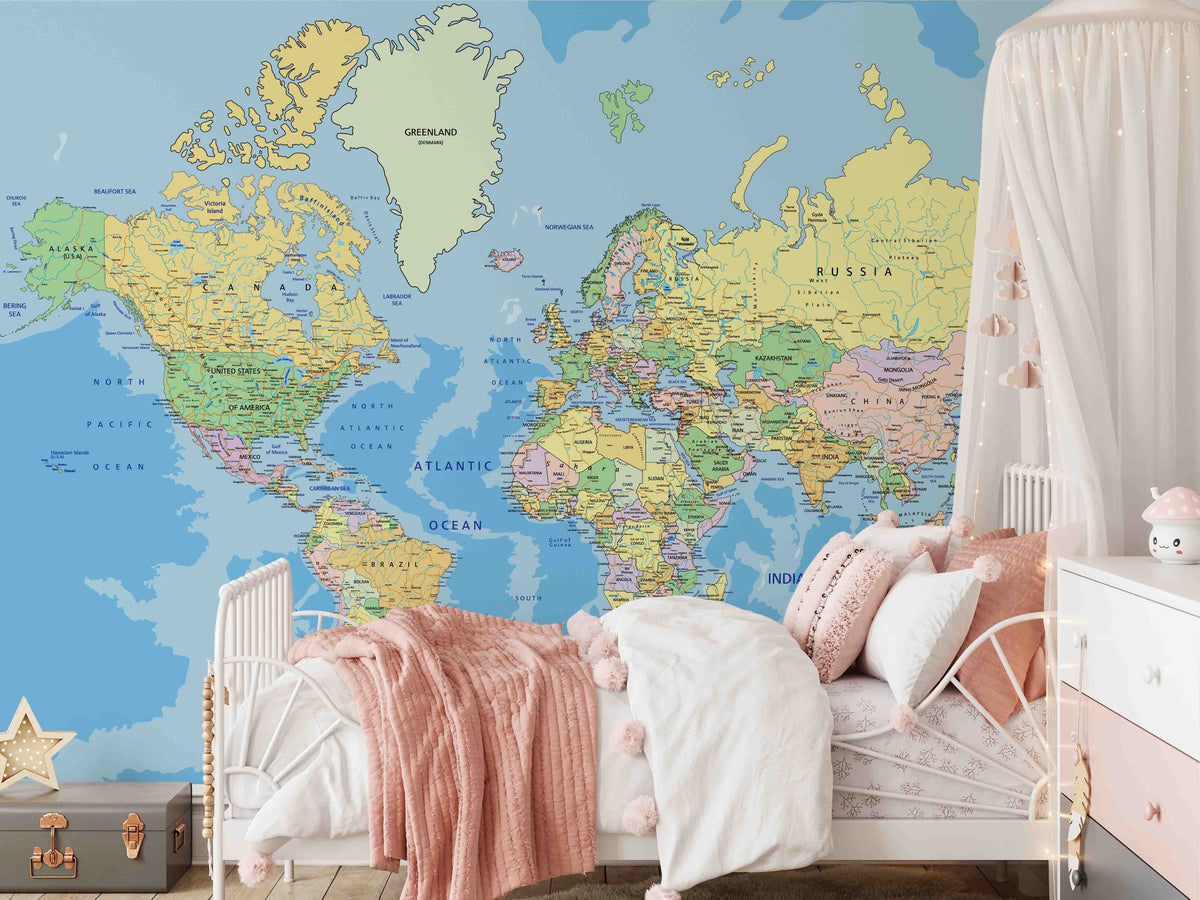 Detailed World Map Wallpaper Mural for Bedroom