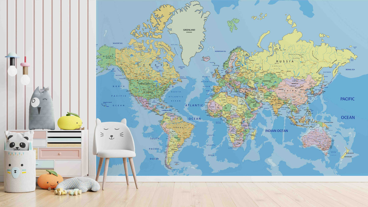 Detailed World Map Wallpaper Mural for Play Area