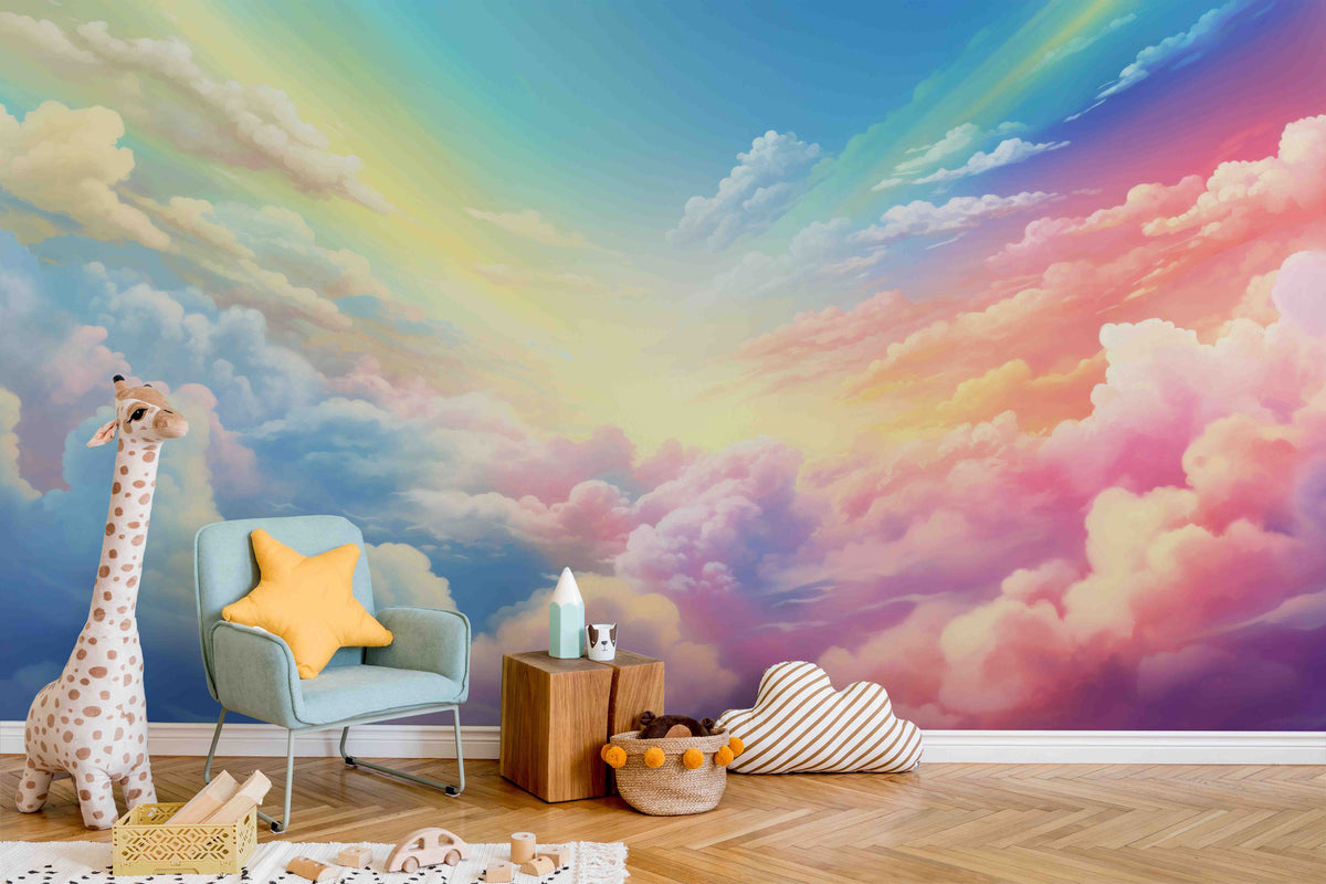 Dreamy Rainbow Clouds Wallpaper Mural for Kids Play Area